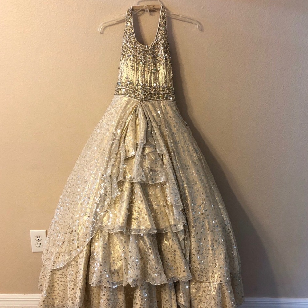 Gold beaded pageant ball gown